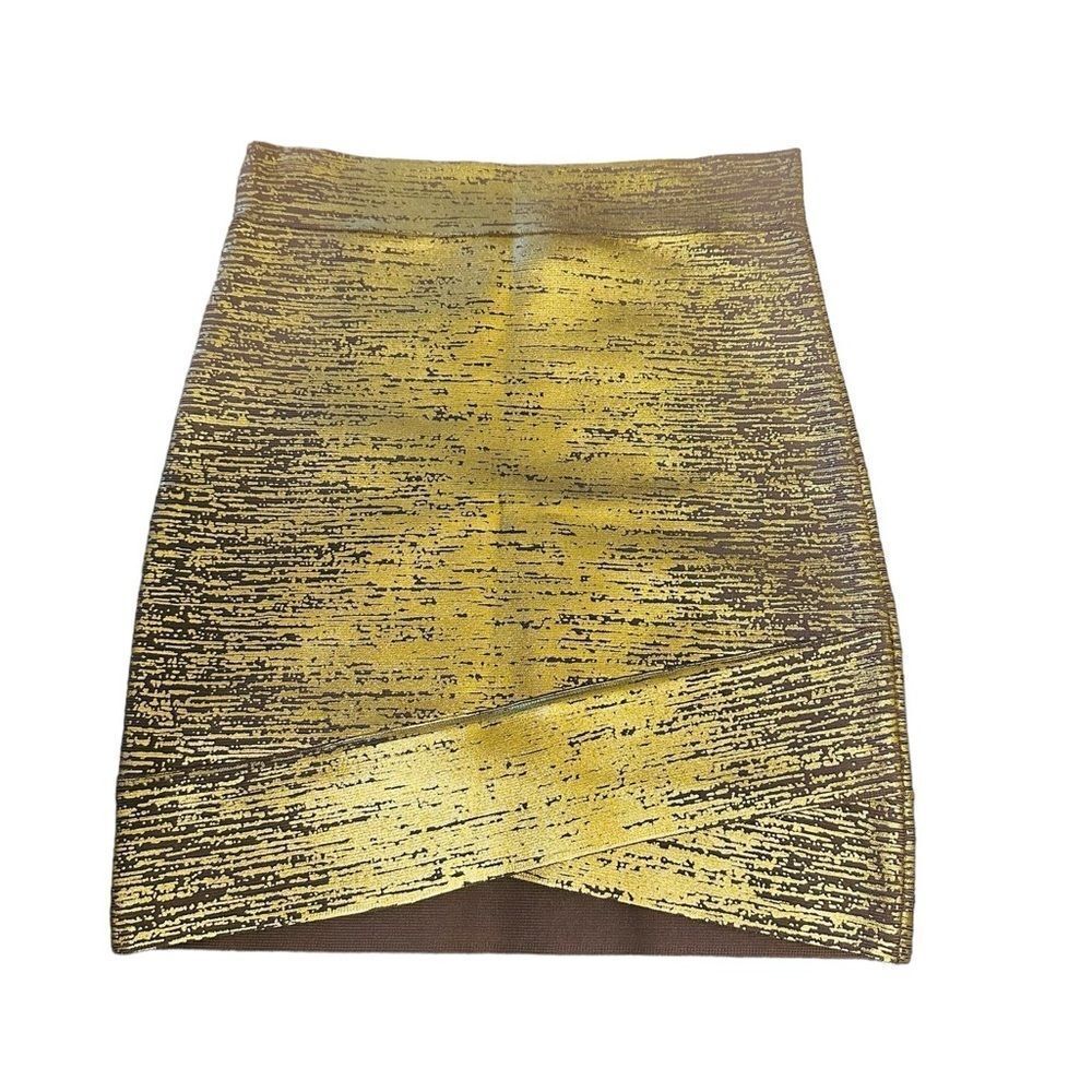 BCBGMaxAzria Gold and Brown Foil Bandage "Silvie" Mini Skirt Glam Luxe - Size S